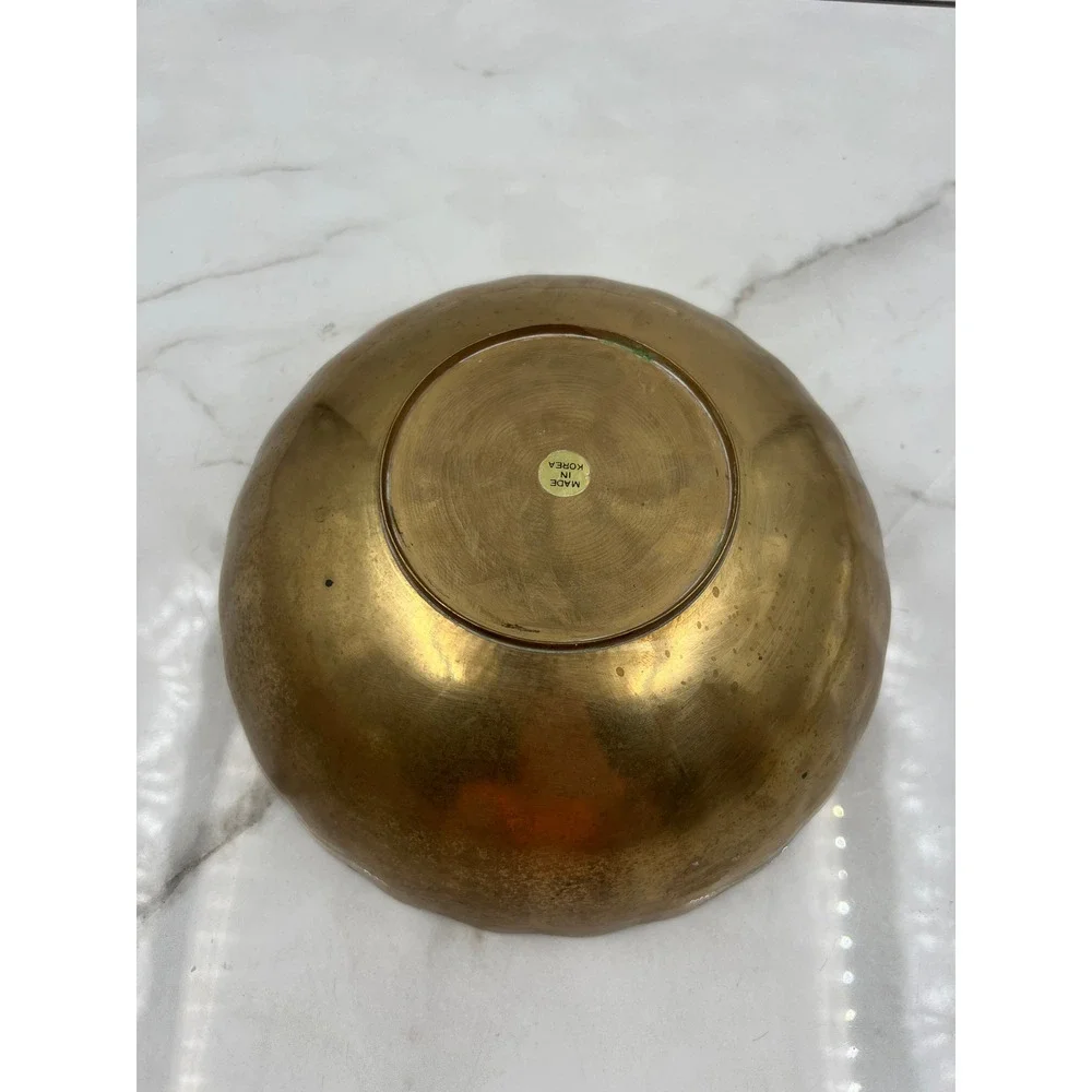 Vintage Scalloped Brass Bowl Made in Korea Hammered Gold Centerpiece 9.75 inch